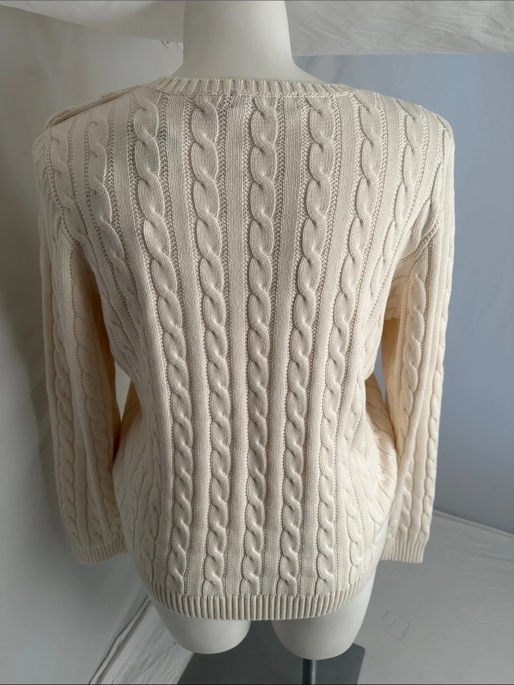 Ralph Lauren Winter Cream cable knit crew neck sweater with appliqué & buttons